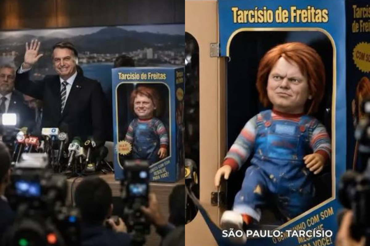 Em vídeo, o ex-presidente Jair Bolsonaro entrega Tarcísio de Freitas de presente ao estado de São Paulo, aqui representado pelo boneco dos cinemas/Reprodução/Redes sociais
