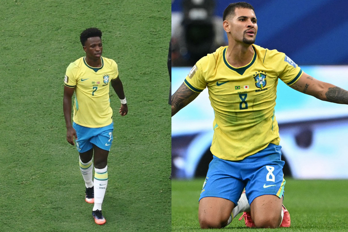 Vini Jr. deveria ter batido o pênalti? Ancelotti explica escolha por Bruno Guimarães/Foto: RONALDO SCHEMIDT / AFP | CHARLY TRIBALLEAU / AFP