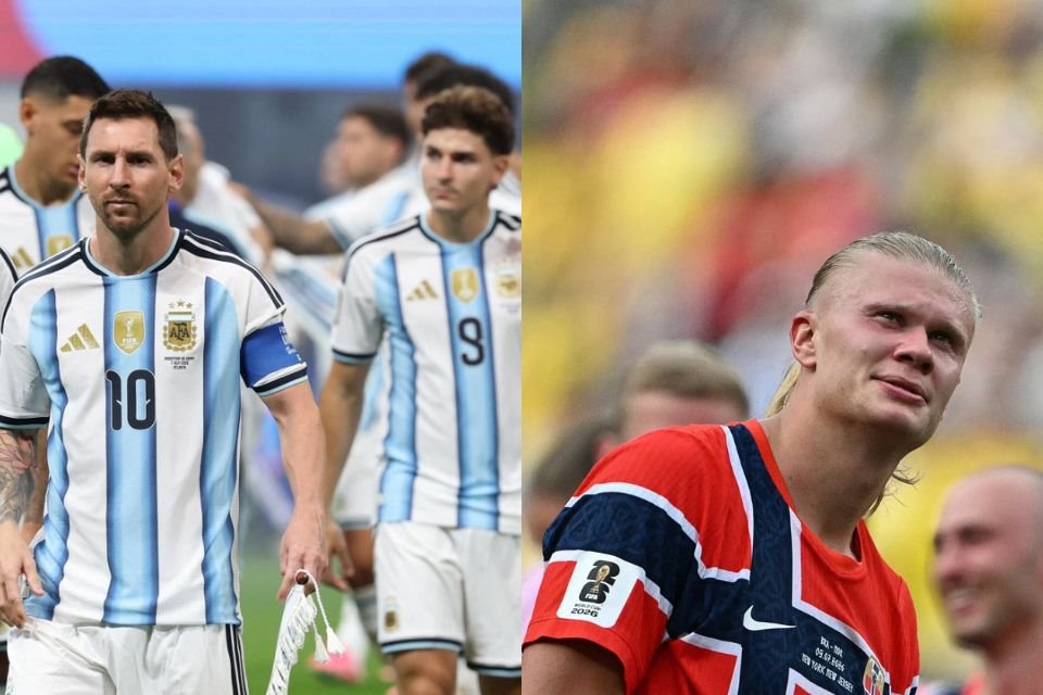 Messi e jogadores da Argentina e Erling Haaland, da Noruega/ODD ANDERSEN / AFP e MAURO PIMENTEL / AFP