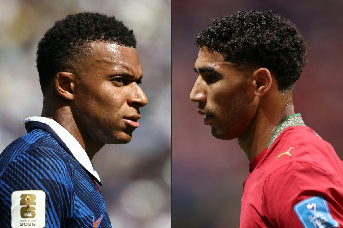 Kylian Mbappe, da França, e Achraf Hakimi, de Marrocos/ AFP