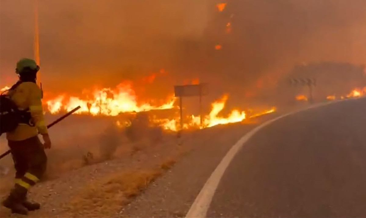 Bombeiros trabalhando em um incêndio florestal perto de Bedar, no distrito de Los Gallardos, na província de Almería/ HANDOUT/INFOCA/AFP