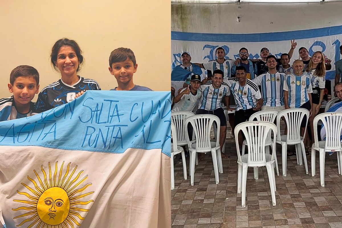 A argentina Emilia Iniguez, seus filhos Felipe e Mariano, e os membros da torcida La Barra 81/Cortesia