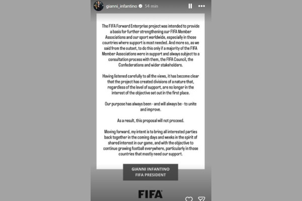 Nota oficial de Gianni Infantino, presidente da FIFA (Reprodução/@gianni_infantino/Redes Sociais)