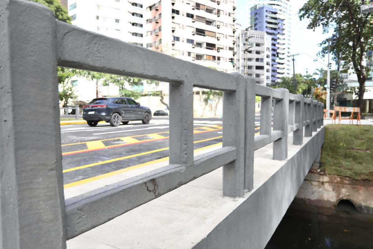 O novo pontilhão tem 27,8 metros de extensão e 16,5 metros de largura, com três faixas de rolamento no sentido praia-subúrbio. (Foto: Helia Scheppa / Prefeitura do Recife)
