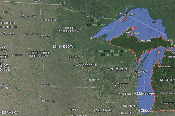 Região dos estados de Michigan e Minnesota/Google Maps/Reprodução