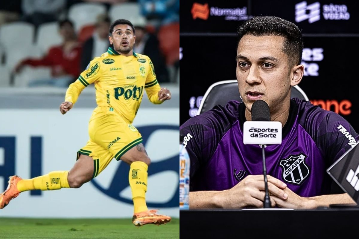 O atacante Galeano e o meia Juan Alano/Pedro Zacchi/Mirassol e Gabriel Silva / Ceará SC