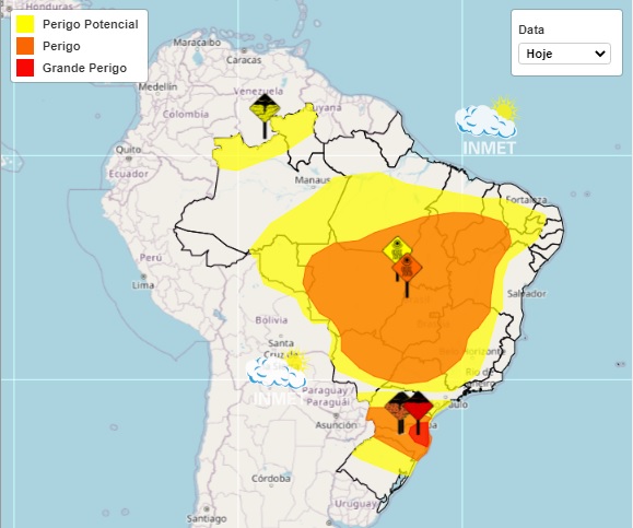 Faixa de risco vai do sul do Pará ao leste do estado de SP/Reprodução / Inmet