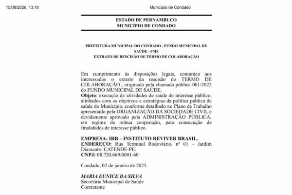 Extrato da rescisão de contrato enviada pela Prefeitura de Condado