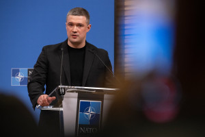 O ministro Mykhailo Fedorov discursa ap&oacute;s reuni&atilde;o do Grupo de Contato de Defesa da Ucr&acirc;nia