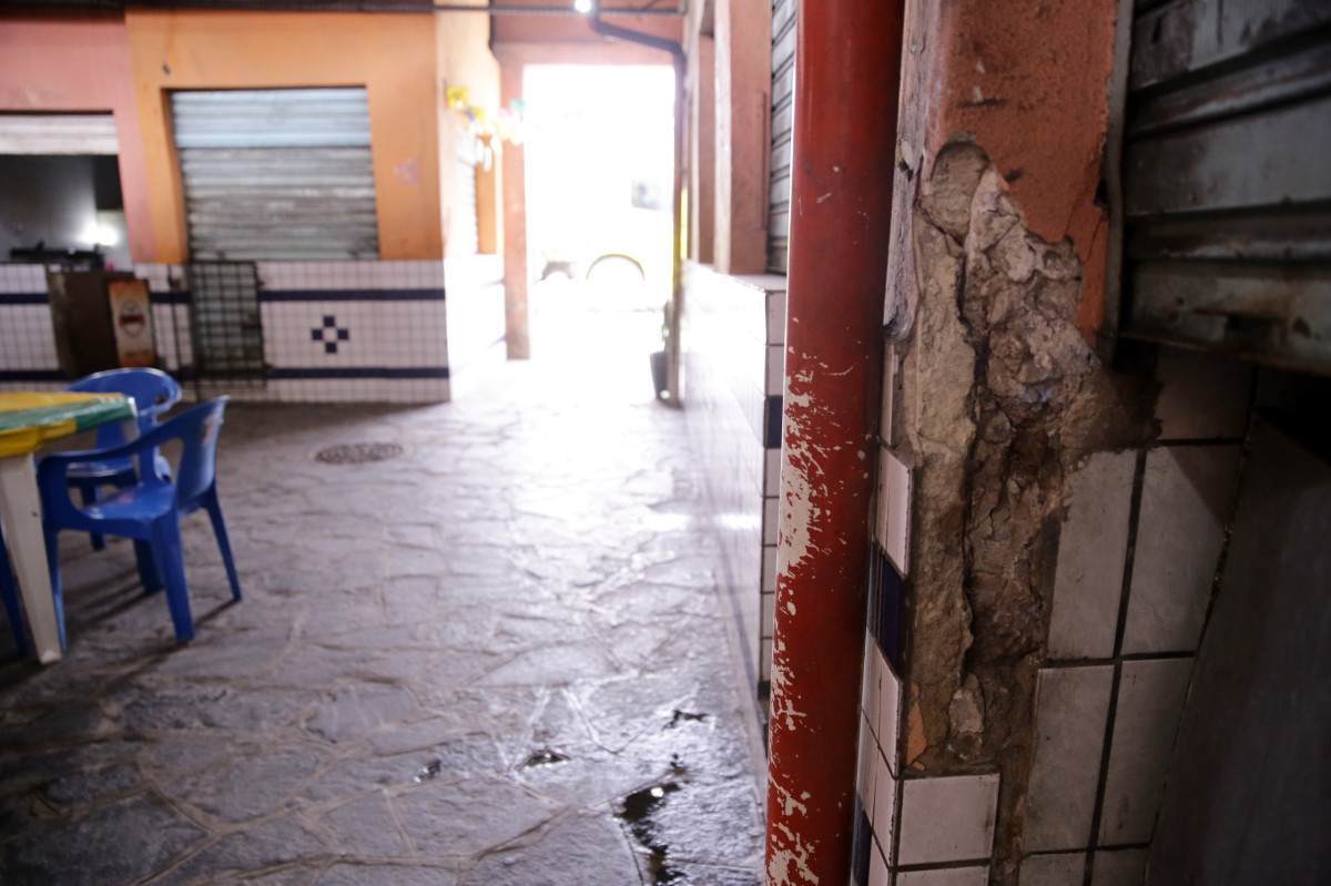 Mercado de Santo Amaro tem telhas quebradas, rachaduras, banheiros danificados e boxes fechados (Maurício Ferry/DP Fotos)