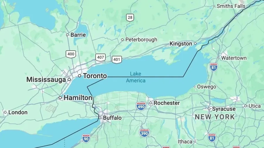 Segundo o Google, quem não estiver nem nos EUA e nem o Canadá verá o lago com as duas denominações/Reprodução/GoogleMaps