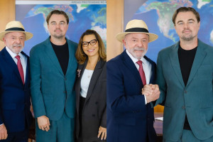 O presidente Lula e sua esposa, a primeira-dama Janja Silva, receberam Leonardo DiCaprio no Pal&aacute;cio do Planalto na &uacute;ltima quarta-feira (2).