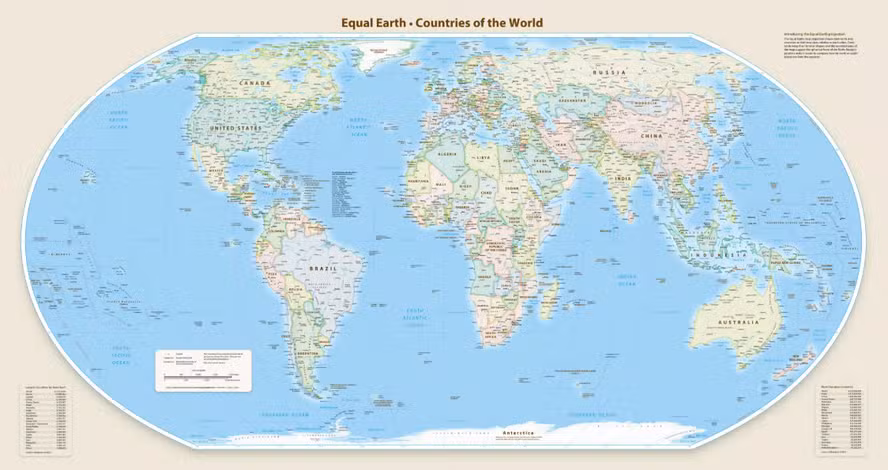 Os mapas mais tradicionais utilizados na educação trazem distorções importantes do tamanho dos países, com amplo benefício aos situados mais próximos aos pólos /Divulgação / equal-earth.com