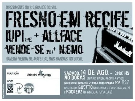 Flyer (panfleto digital, em tradução livre) do primeiro show da banda Fresno no Recife, em 14 de agosto de 2004 (Reprodução)