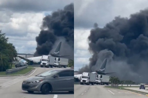 As imagens mostram o avi&atilde;o da Amazon apoiado sobre a fuselagem e praticamente intacta, apesar do inc&ecirc;ndio.