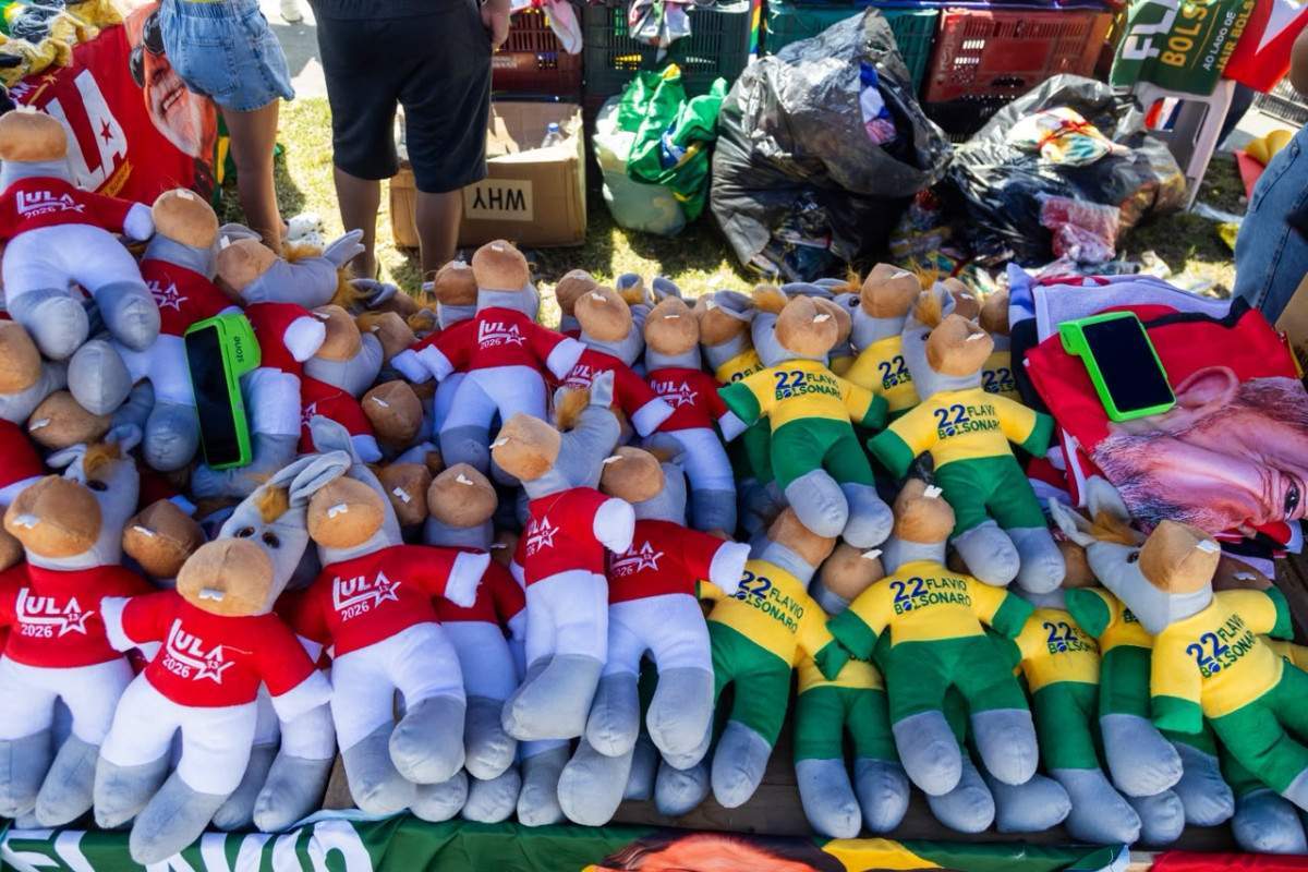 Venda de produtos de Lula e Flávio Bolsonaro (Karol Rodrigues/DP Foto)