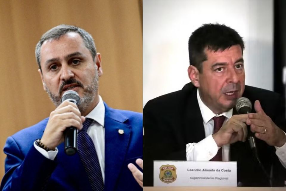 Andrei Rodrigues, Diretor-Geral da PF, e Leandro Almada, chefe da Diretoria de Inteligência Policial./Mateus Bonomi / AFP e Tania Rego / Agência Brasil