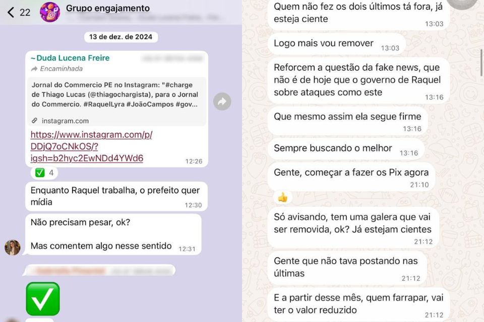 Grupos no Whatsapp reuniam pessoas pagas para fazer comentários favoráveis a Raquel Lyra nas redes sociais/Reprodução/Whatsapp