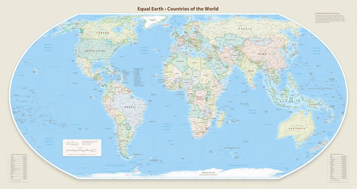 Este gráfico, fornecido pela Equal Earth, mostra a projeção cartográfica da Equal Earth/Divulgação / Equal Earth / AFP