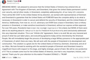 O presidente fez o an&uacute;ncio do acordo com a Dinamarca em seu perfil da Truth Social