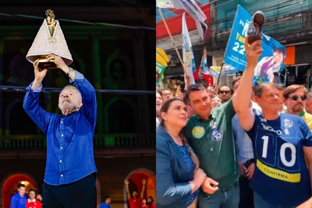 Lula e Flávio Bolsonaro com Nossa Senhora/Fotos: Ricardo Stuckert e reprodução de vídeo/@tarcisiogdf