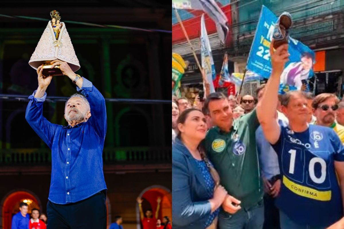 Caso Nossa Senhora sobe nos palanques de Lula e Fl&aacute;vio Bolsonaro - Fotos: Ricardo Stuckert e reprodu&ccedil;&atilde;o de v&iacute;deo/@tarcisiogdf