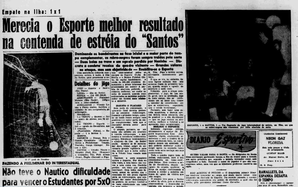 Matéria do primeiro jogo de Pelé em Pernambuco publicada no Diario de Pernambuco/REPRODUÇÃO