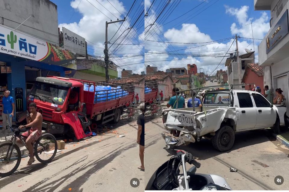 Porta do caminhão ficou pendurada com a força do impacto

/Foto: Reprodução/Redes Sociais