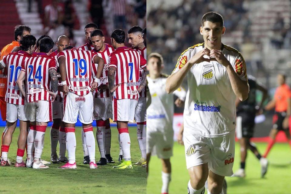 Elenco do Náutico nos Aflitos e Matheus Bianqui, meia do Novorizontino/Rafael Vieira / CNC e Ozzair Jr. / Novorizontino