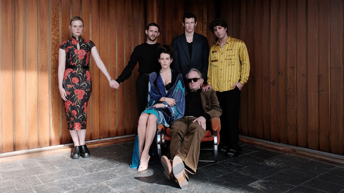 Elle Fanning, Jamie Bell, Callum Turner, Lukas Cage, Riley Keogh e Tracy Letts (esquerda para a direita/cima para baixo) vivem família cheia de relações turbulentas/MUBI/Divulgação