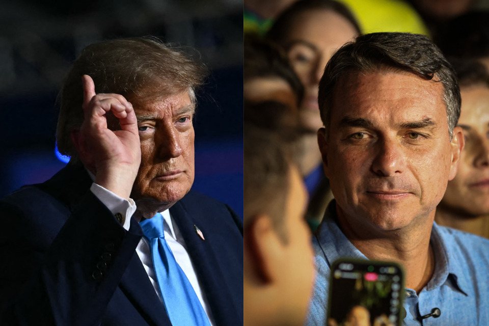 Trump faz aceno a Fl&aacute;vio Bolsonaro, que sai na frente contra Lula - KENT NISHIMURA/AFP | SERGIO LIMA/AFP