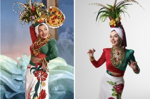 Carmen Miranda (&agrave; esquerda) ser&aacute; interpretada por Giovanna Lancellotti. Na foto de Bob Wolfenson (&agrave; direita), a atriz e produtora veste figurino inspirado no que a cantora usou em 1941 quando apresentou o n&uacute;mero &lsquo;Rebola a Bola&rsquo; 