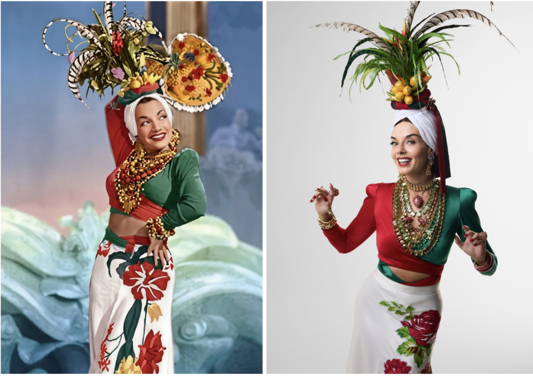 Carmen Miranda (à esquerda) será interpretada por Giovanna Lancellotti. Na foto de Bob Wolfenson (à direita), a atriz e produtora veste figurino inspirado no que a cantora usou em 1941 quando apresentou o número ‘Rebola a Bola’ /Divulgação