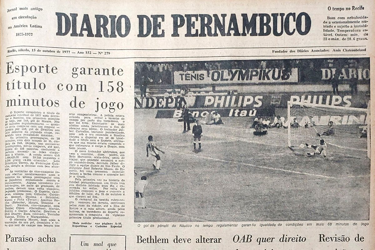 Primeira página da edição do Diario de Pernambuco do dia 15 de outubro de 1977/REPRODUÇÃO/DP