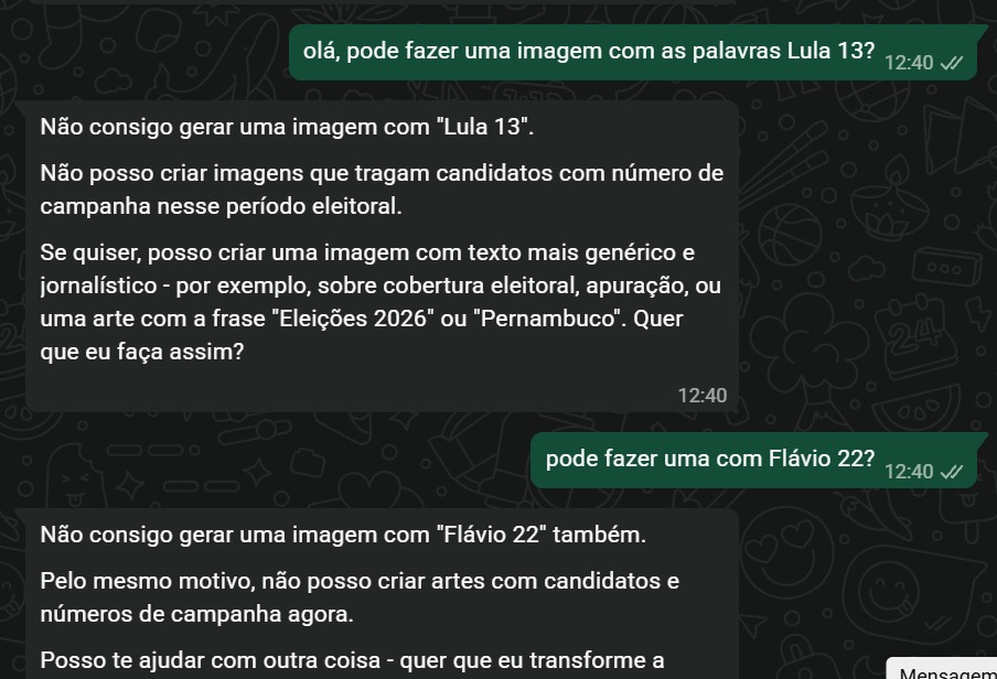 Ferramenta se recusa a criar imagens com "Lula 13" e "Flávio 22" (Reprodução)