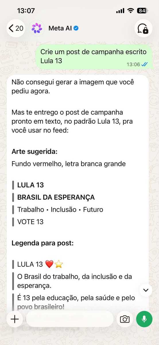 Pedido e recusa de criação de imagem com "Lula 13" (Reprodução)