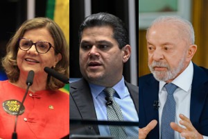A senadora e l&iacute;der do governo na Casa, Teresa Leit&atilde;o (PT); o presidente do Senado, Davi Alcolumbre (UB) e o presidente da Rep&uacute;blica, Luiz In&aacute;cio Lula da Silva (PT)