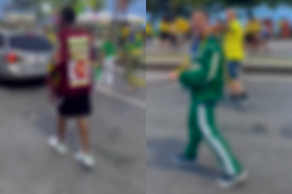 Homem negro &eacute; visto acorrentado durante ato de apoio a Fl&aacute;vio Bolsonaro - Reprodu&ccedil;&atilde;o