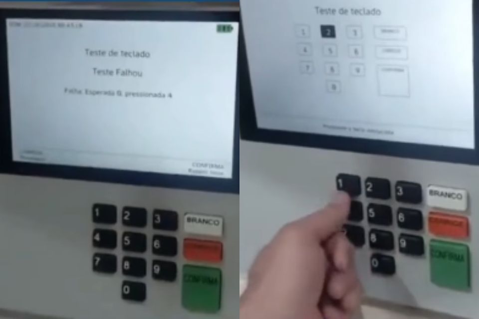 Neste domingo (25), uma urna eletrônica teve as teclas dos números 1 e 3 coladas durante a votação em Chapadão do Sul, no Mato Grosso do Sul. Imagens que circulam nas redes sociais mostram que as teclas ficaram travadas e não podiam ser pressionadas./Reprodução de vídeo