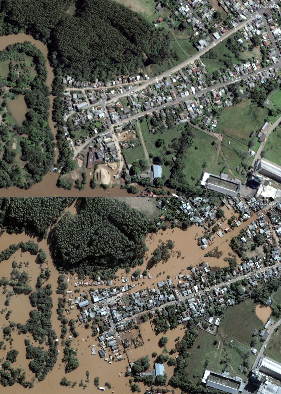 Cidade de Itaquari, RS, antes e o depois  (Crdito: HANDOUT / SATELLITE IMAGE 2024 MAXAR TECHNOLOGIES / AFP)