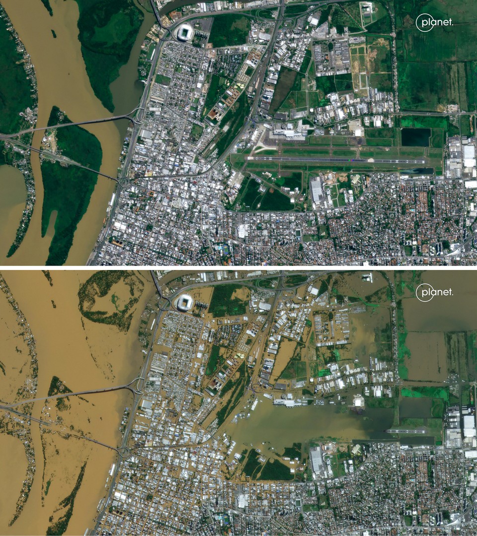 Antes e depois da cidade de Porto Alegre, capital do Rio Grande do Sul (Crdito: HANDOUT / SATELLITE IMAGE 2024 MAXAR TECHNOLOGIES / AFP)
