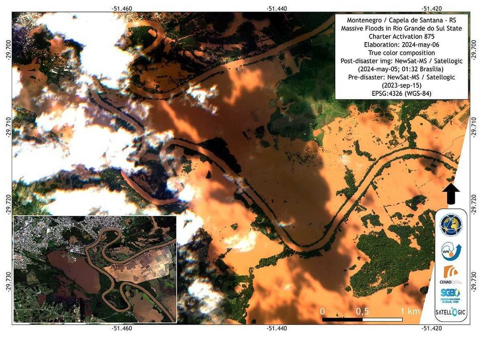 
Os mapas utilizam imagens pticas e dados de radar de mltiplos satlites para estimar a extenso e o impacto da inundao em diferentes reas (foto: Reproduo/DisastersChart)