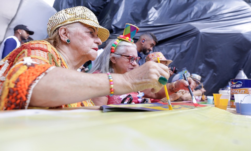 Grupo da  Associao Nacional da Terceira Idade (Anati) est finalizando a confeco das penas do Gigante (Foto: Rafael Vieira/DP Fotos)