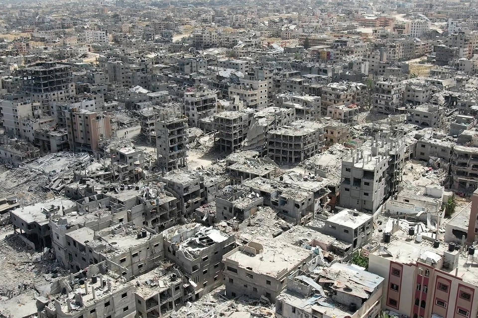 Vista area de edifcios destrudos em Khan Yunis, no sul da Faixa de Gaza, em abril de 2024 (Foto: AFPTV / AFP
)