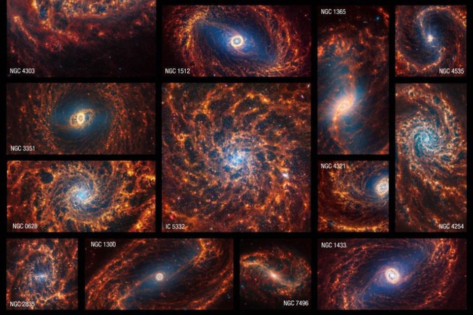 
Coleção com 19 galáxias espirais pelo Telescópio Espacial James Webb (foto: NASA, ESA, CSA, STScI, Janice Lee (STScI), Thomas Williams (Oxford), Equipe PHANGS. Elizabeth Wheatley (STScI))