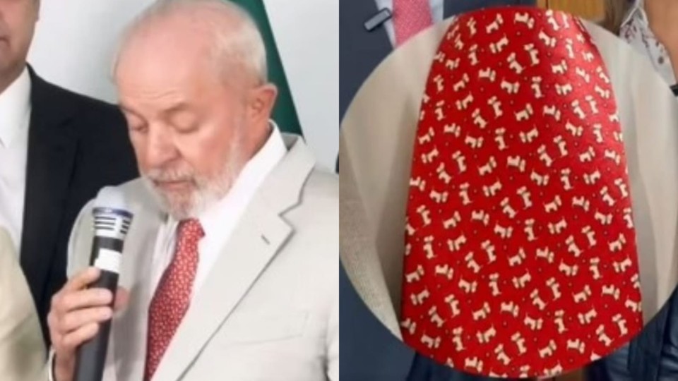 A gravata usada pelo presidente tem estampa de cachorrinhos (fotos: Reproduo/Redes sociais )