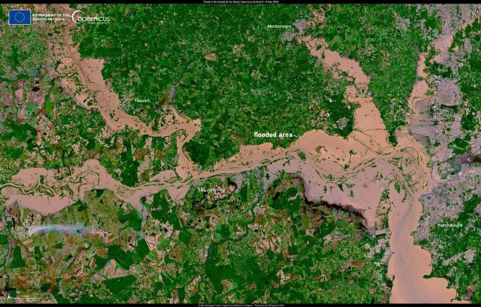 Imagem divulgada pela Agncia Espacial Europeia sobre as inundaes na Grande Porto Alegre (foto: Reproduo/@CopernicusEU)
