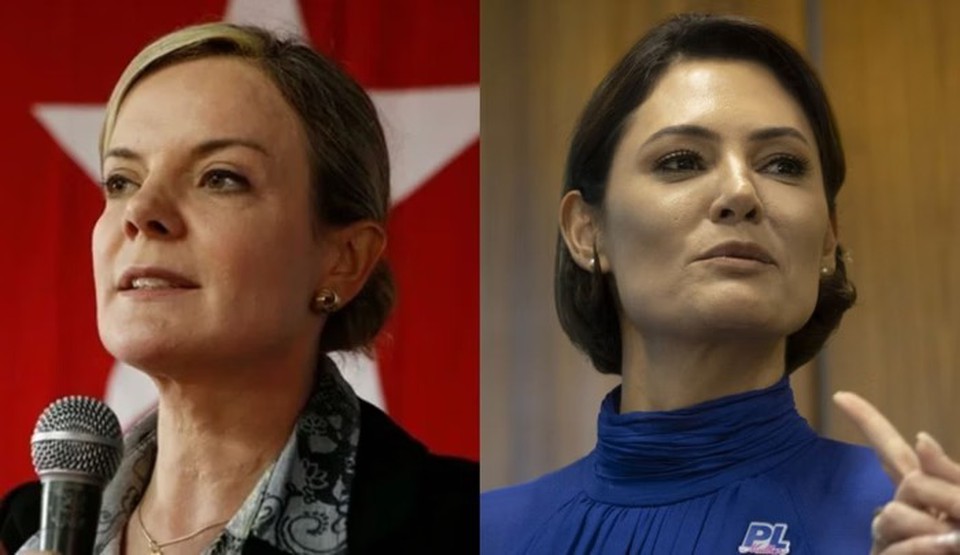 Gleisi Hoffmann  ( esq.) e Michelle Bolsonaro ( dir.) (fotos: Reproduo)