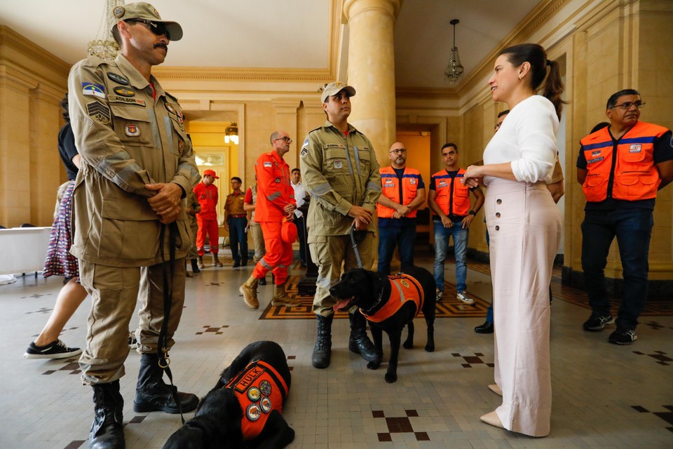 Raquel Lyra recebeu no Palcio das Princesas bombeiros que vo para o Rio Grande do Sul  (Foto: Governo do Estado )
