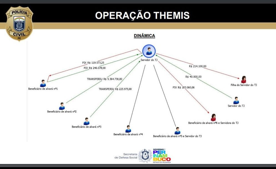 A polícia detalhou como funcionava o esquema fraudulento que desviou milhões de processos cíveis que tramitavam no TJPE (Foto: Reprodução/PCPE )